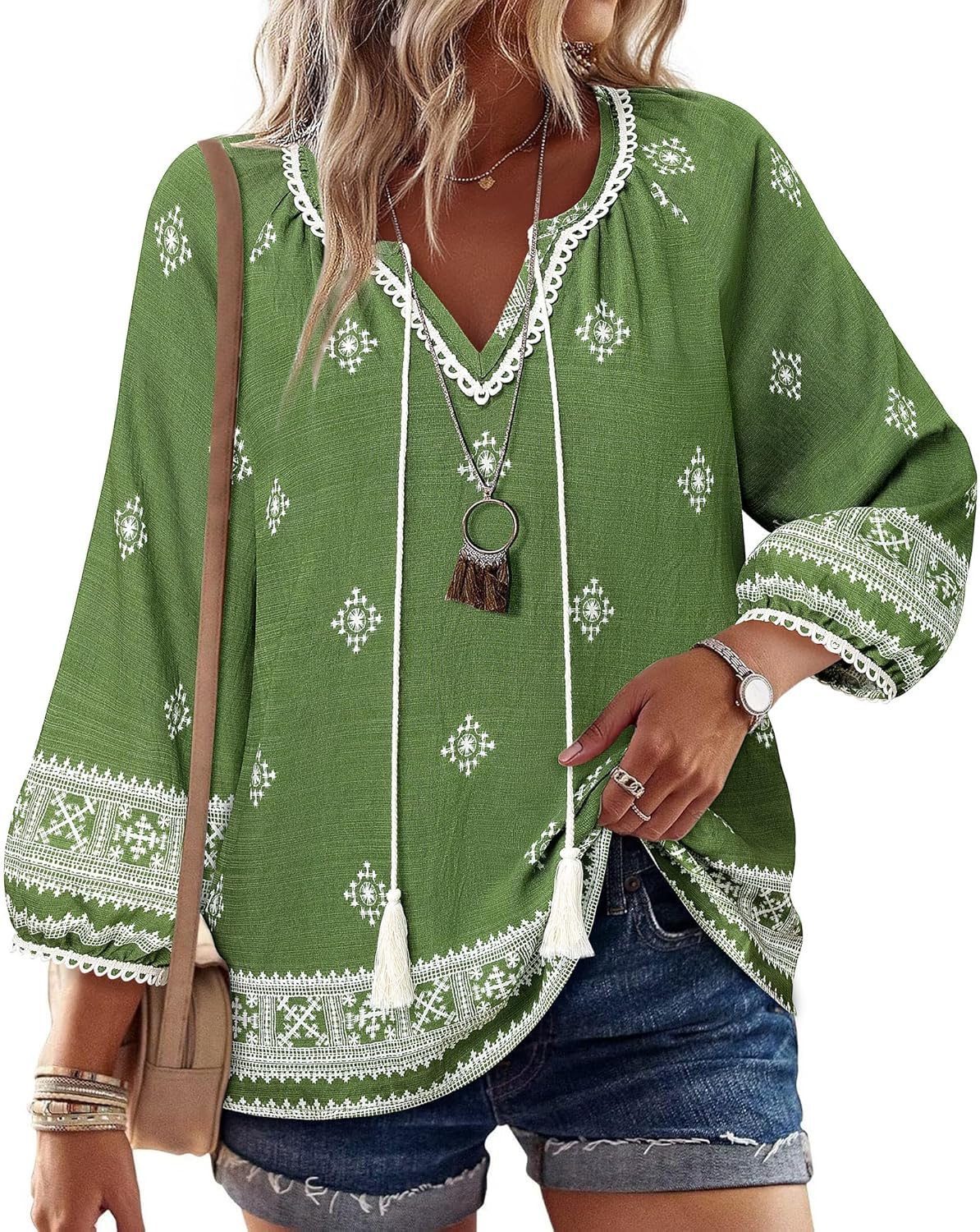 Vivilli Womens Boho Tops Casual V Neck 3/4 Sleeve Blouses Floral Print Shirt Tie Front Flowy Vacation Clothes