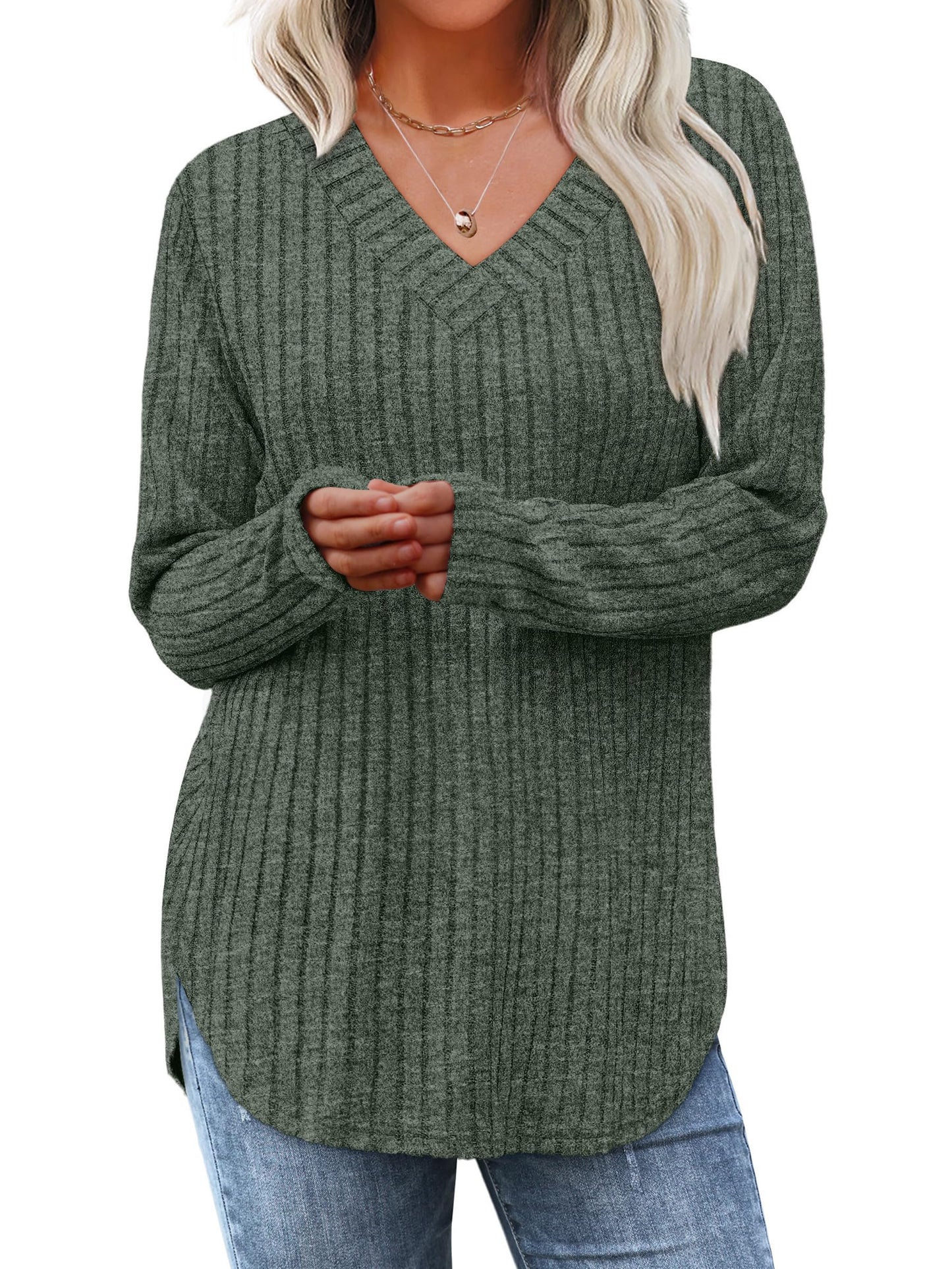 WIHOLL Long Sleeve Shirts for Women V Neck Tops Tunic Fall Winter Sweaters 2025 Clothes