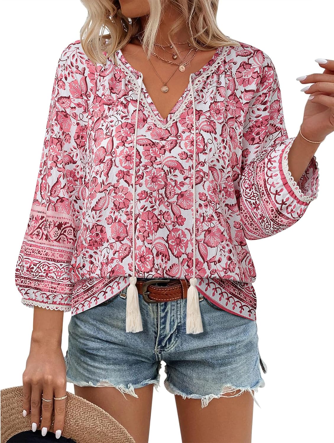 Vivilli Womens Boho Tops Casual V Neck 3/4 Sleeve Blouses Floral Print Shirt Tie Front Flowy Vacation Clothes