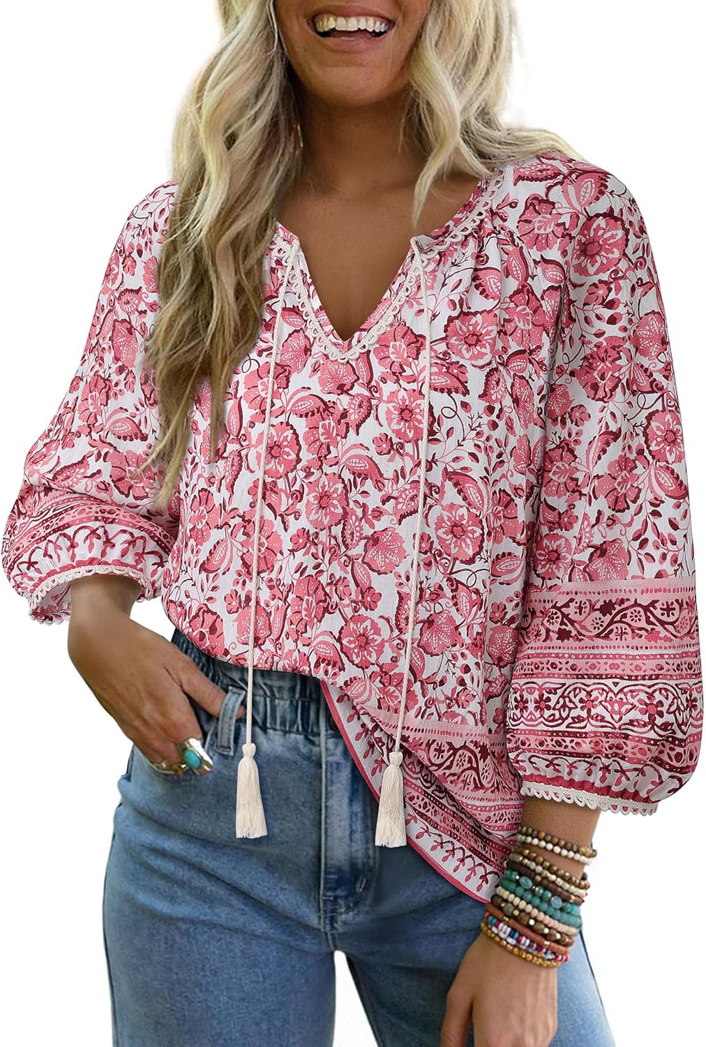Vivilli Womens Boho Tops Casual V Neck 3/4 Sleeve Blouses Floral Print Shirt Tie Front Flowy Vacation Clothes
