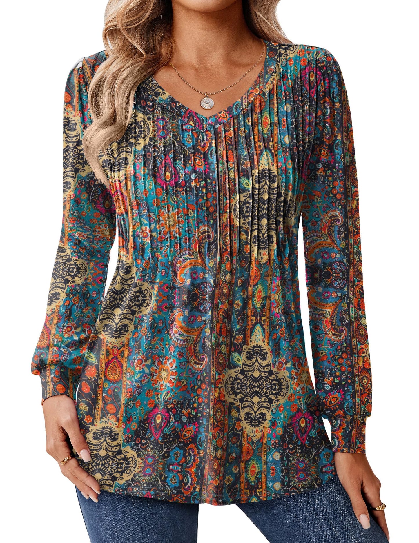 Zeagoo Long Sleeve Shirts for Women Casual V Neck Top Pleated Floral Boho Blouses 2025 Fall Tunics