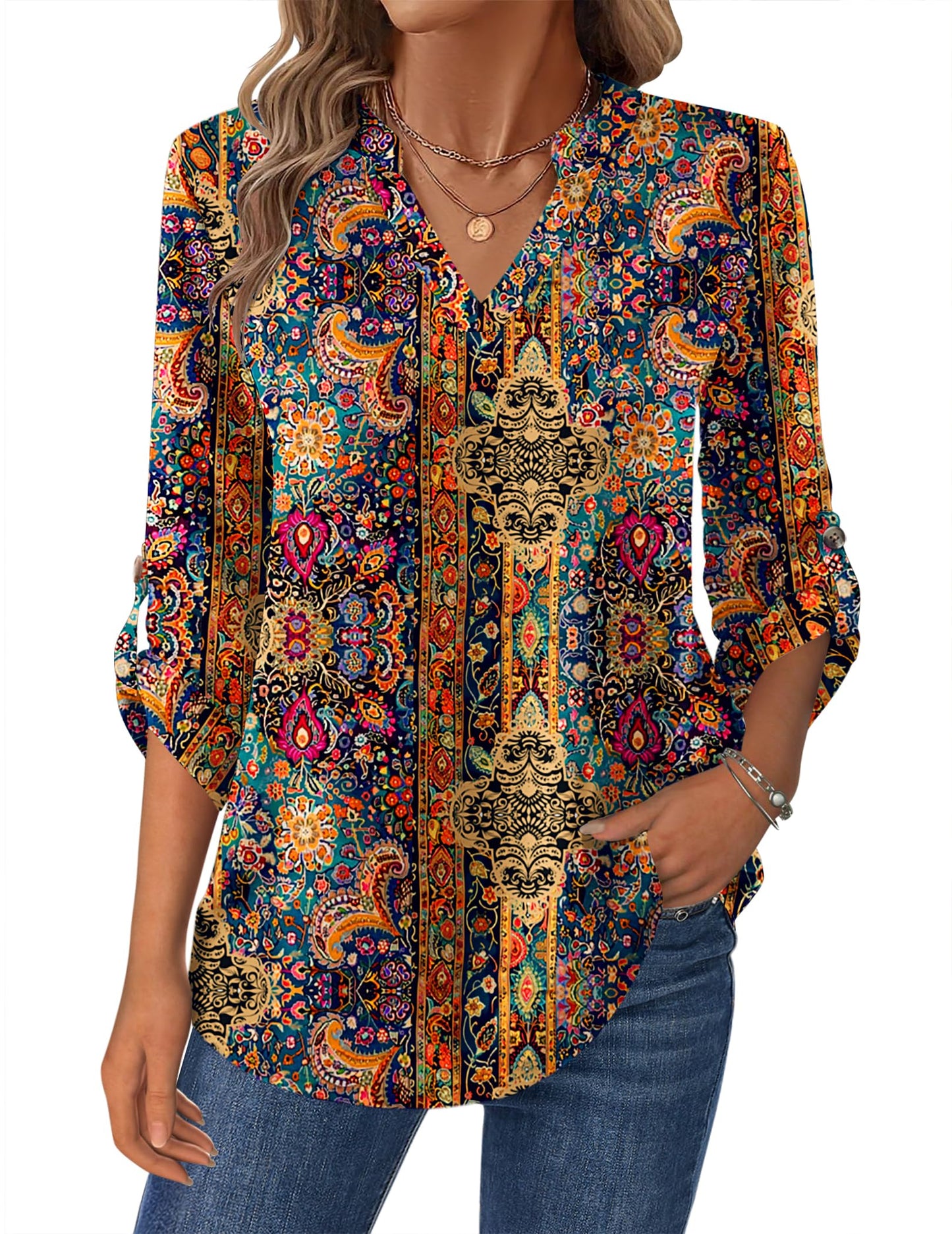 Zeagoo Womens Roll Up Long Sleeve Tops V Neck Shirts Dressy Casual Work Blouses S-2XL