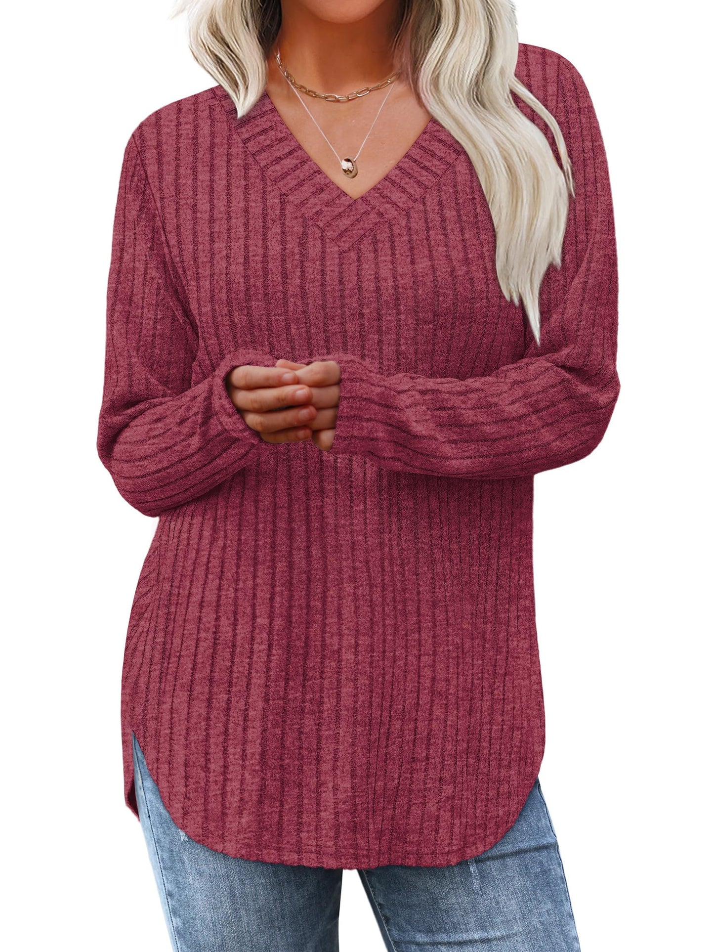 WIHOLL Long Sleeve Shirts for Women V Neck Tops Tunic Fall Winter Sweaters 2025 Clothes