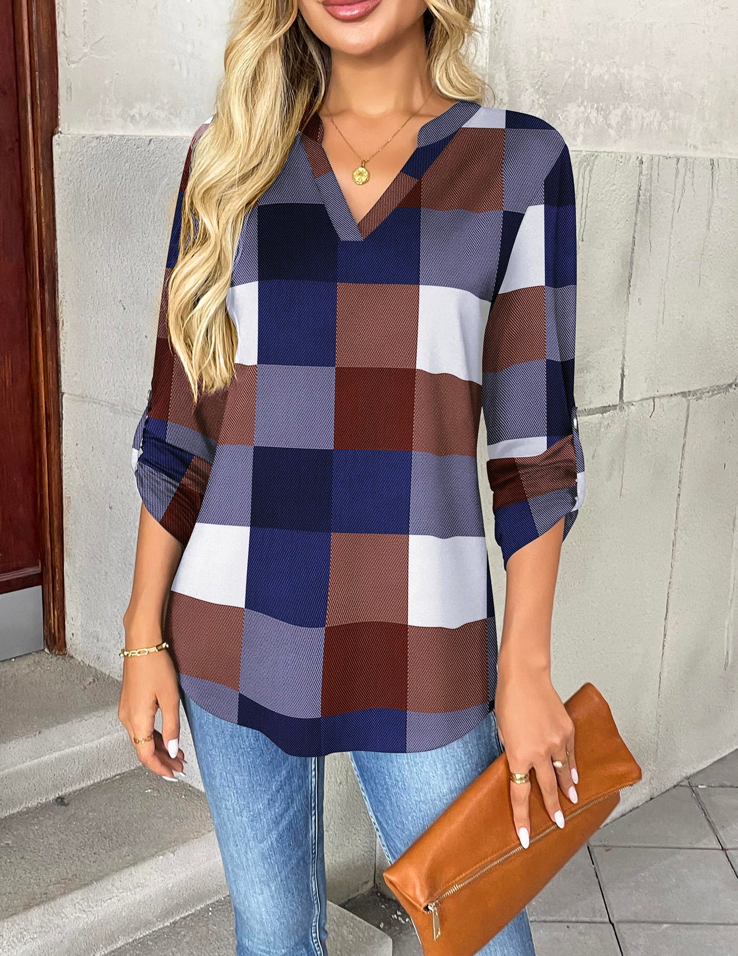 Zeagoo Womens Roll Up Long Sleeve Tops V Neck Shirts Dressy Casual Work Blouses S-2XL