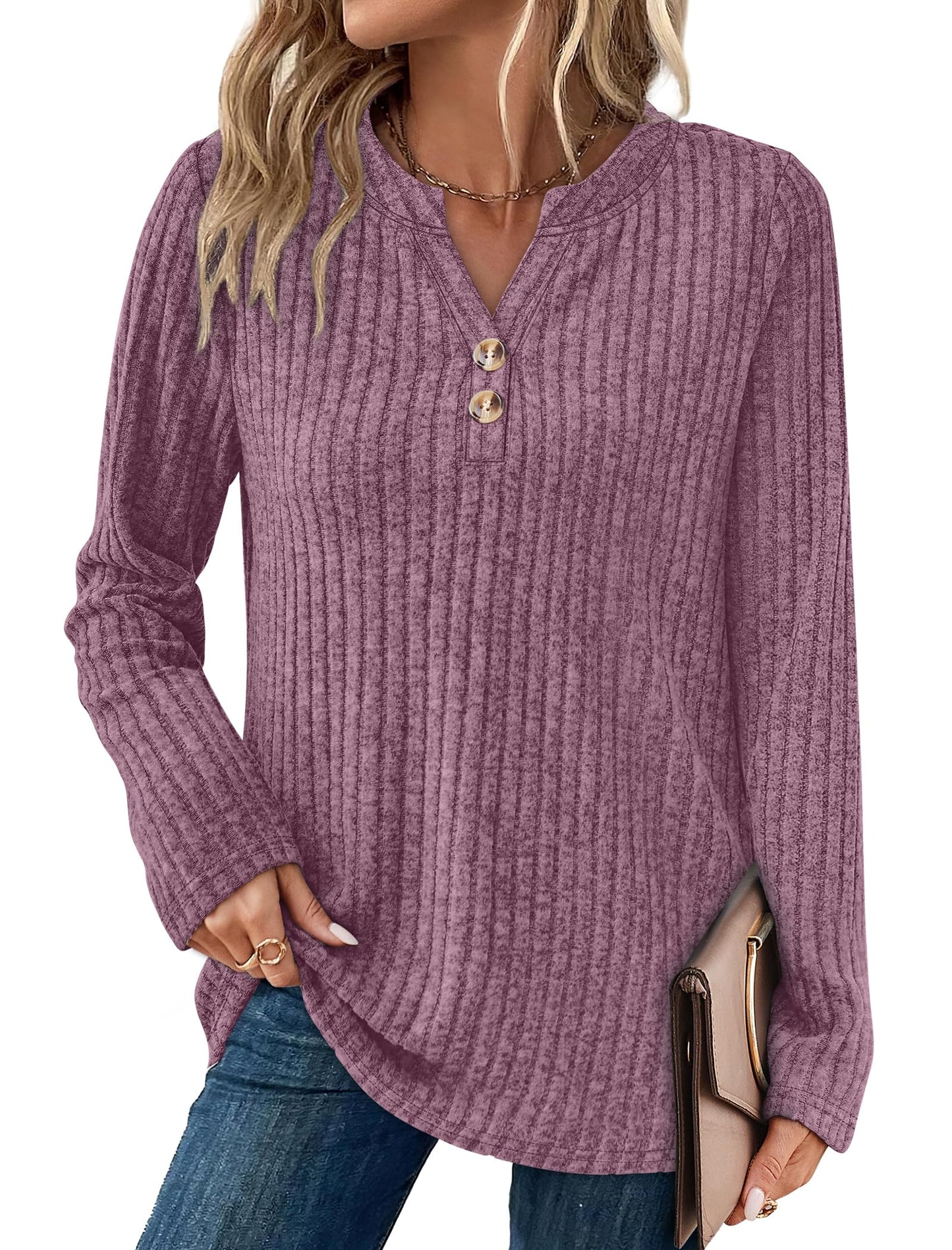 SAMPEEL Womens Sweaters Lightweight Long Sleeve Shirts V Neck Tops with Button Fall Outfits 2025
