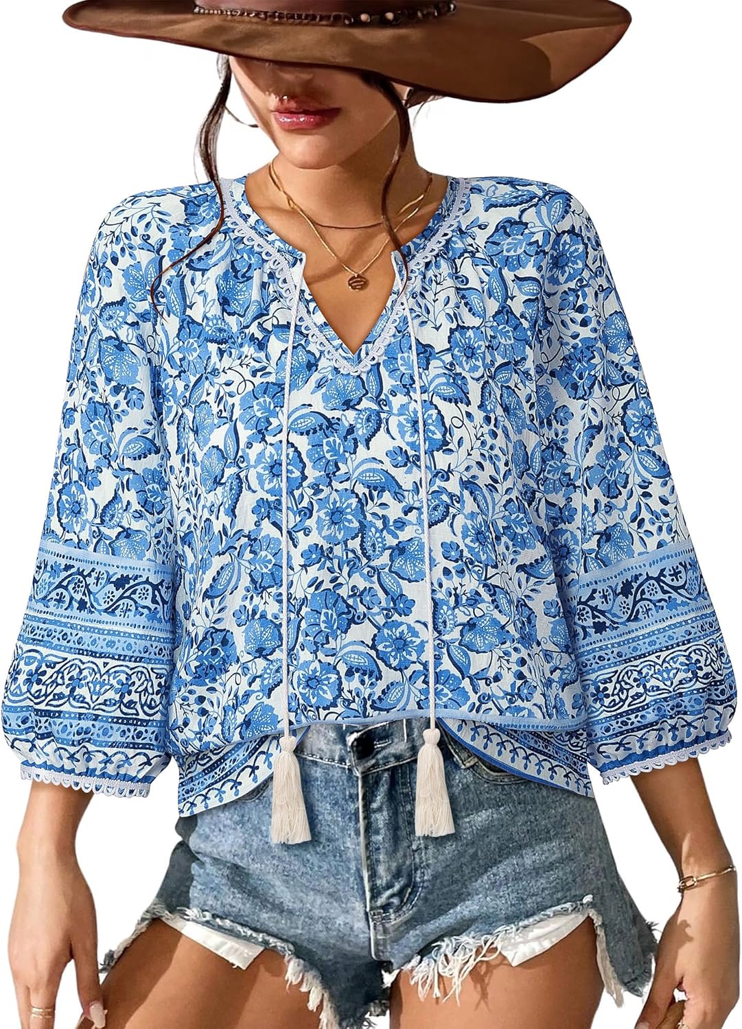 Vivilli Womens Boho Tops Casual V Neck 3/4 Sleeve Blouses Floral Print Shirt Tie Front Flowy Vacation Clothes
