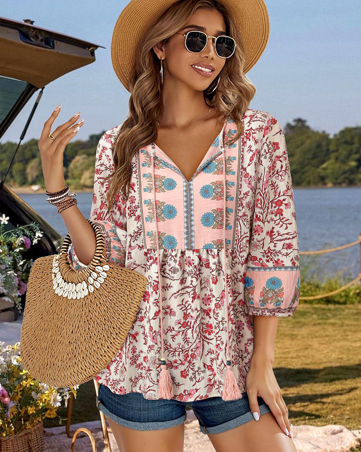 Womens Summer Boho Babydoll Tops 3/4 Sleeve Pleated Peplum Blouses Casual V Neck Tie Front Fall Top