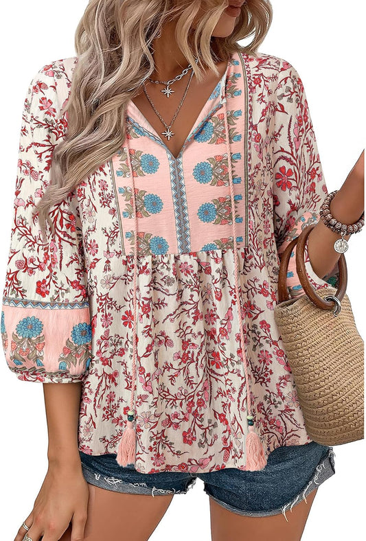 Womens Summer Boho Babydoll Tops 3/4 Sleeve Pleated Peplum Blouses Casual V Neck Tie Front Fall Top