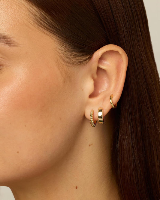 14K-18K Yellow Gold Plated Sterling Silver Posts Three Pairs Small Hoop Earrings for Women - Statement Gold Hoop Earrings Set - Cubic Zirconia Rope Teardrop Chunky Huggie Earscape Piercings