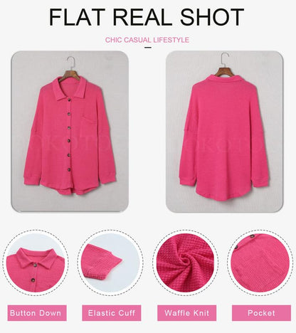 Dokotoo Womens Waffle Knit Shacket Jacket Casual Long Sleeve Button Down Shirts Dressy Blouses Tops