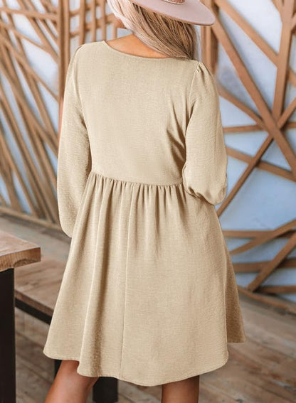 Dokotoo Womens 2025 Casual Dresses Smocked Crewneck Button Up Long Sleeve Empire Waist A-Line Mini Dress