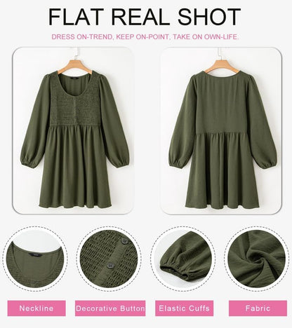 Dokotoo Womens 2025 Casual Dresses Smocked Crewneck Button Up Long Sleeve Empire Waist A-Line Mini Dress