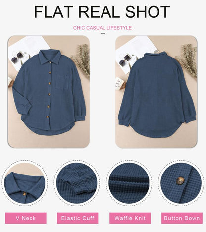 Dokotoo Womens Waffle Knit Shacket Jacket Casual Long Sleeve Button Down Shirts Dressy Blouses Tops