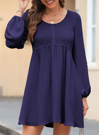 Dokotoo Womens 2025 Casual Dresses Smocked Crewneck Button Up Long Sleeve Empire Waist A-Line Mini Dress