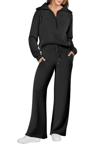 ANRABESS Women 2 Piece Outfits 2025 Fall Fashion Airport Wide Leg Pants Lounge Set Leisure Travel Vacation Clothes Sweatsuits