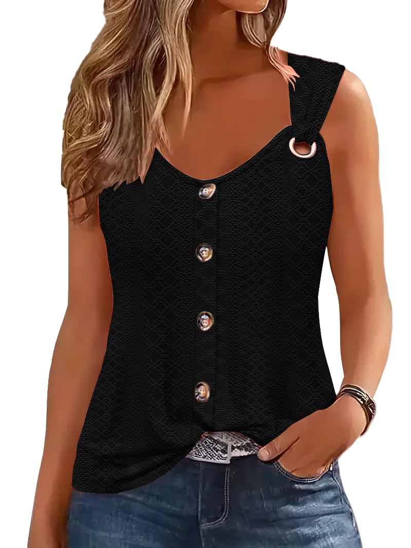 ETCYY Summer Tank Tops for Women 2025 Loose Fit Spring Outfits Lace Striped Tee Button Down Sleeveless T Shirts