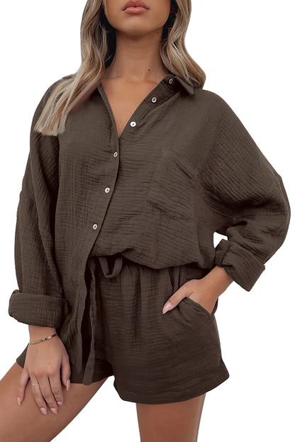 AUTOMET 2 Piece Sets For Women Lounge Wear Matching Two Piece Pajama Fashion Oversized Shirts And Shorts Spring Outfit 2025
