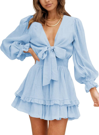 Dokotoo Womens Casual Spring Fall 2025 Deep V Neck Knotted Tiered Chiffon Elegant Mini Short Swing Skater Dresses