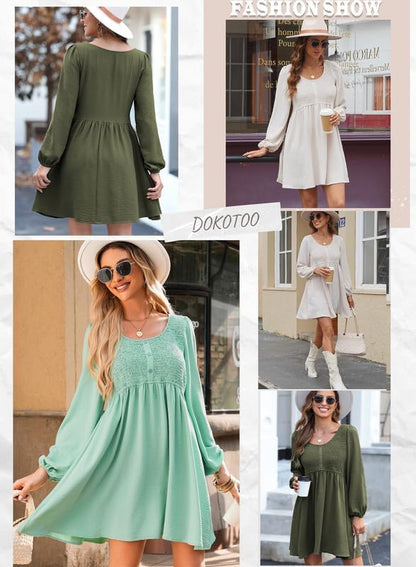 Dokotoo Womens 2025 Casual Dresses Smocked Crewneck Button Up Long Sleeve Empire Waist A-Line Mini Dress