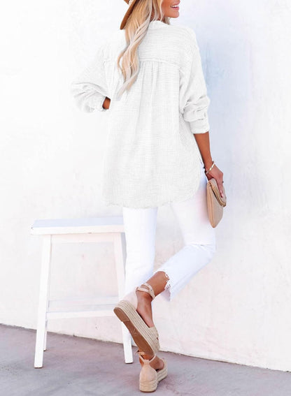 Dokotoo Womens Casual Button V Neck Long Sleeve Shirts Oversized Solid Blouses Tops