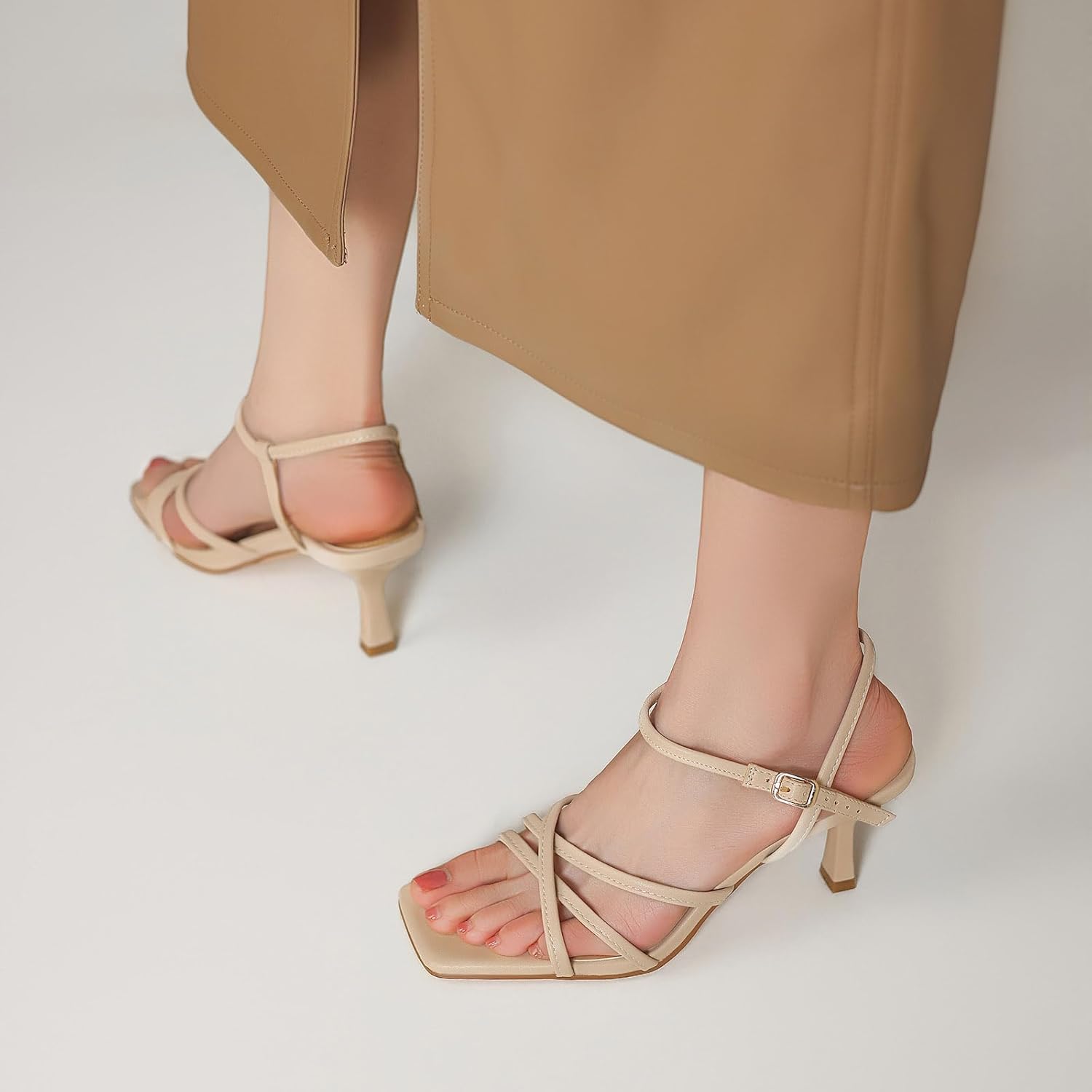 Women's Sandals Square Open Toe Kitten Heels Strappy Ankle Strap Heeled Sandals for Women Comfy Weddings Shoes