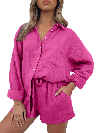 AUTOMET 2 Piece Sets For Women Lounge Wear Matching Two Piece Pajama Fashion Oversized Shirts And Shorts Spring Outfit 2025