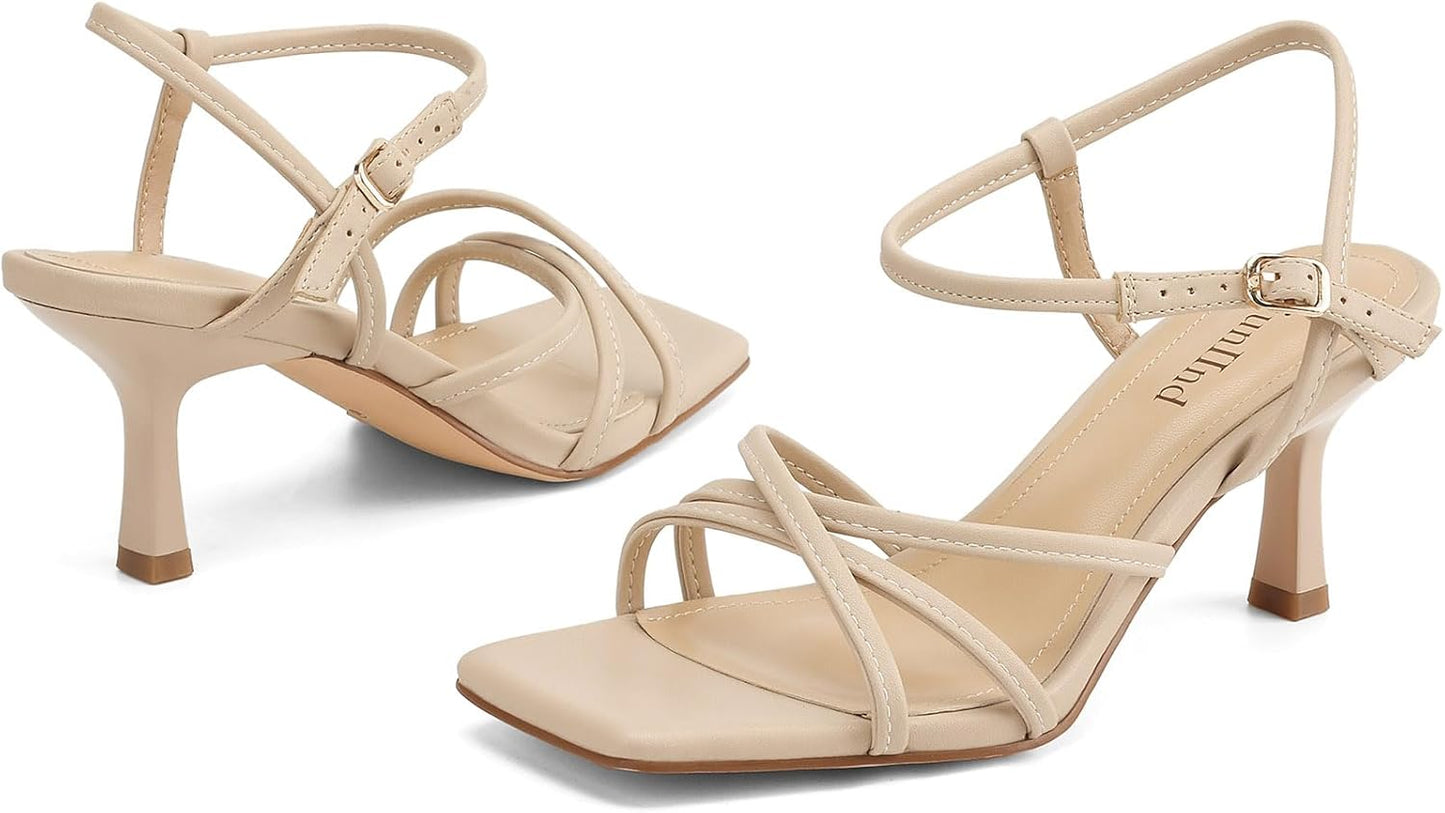 Women's Sandals Square Open Toe Kitten Heels Strappy Ankle Strap Heeled Sandals for Women Comfy Weddings Shoes