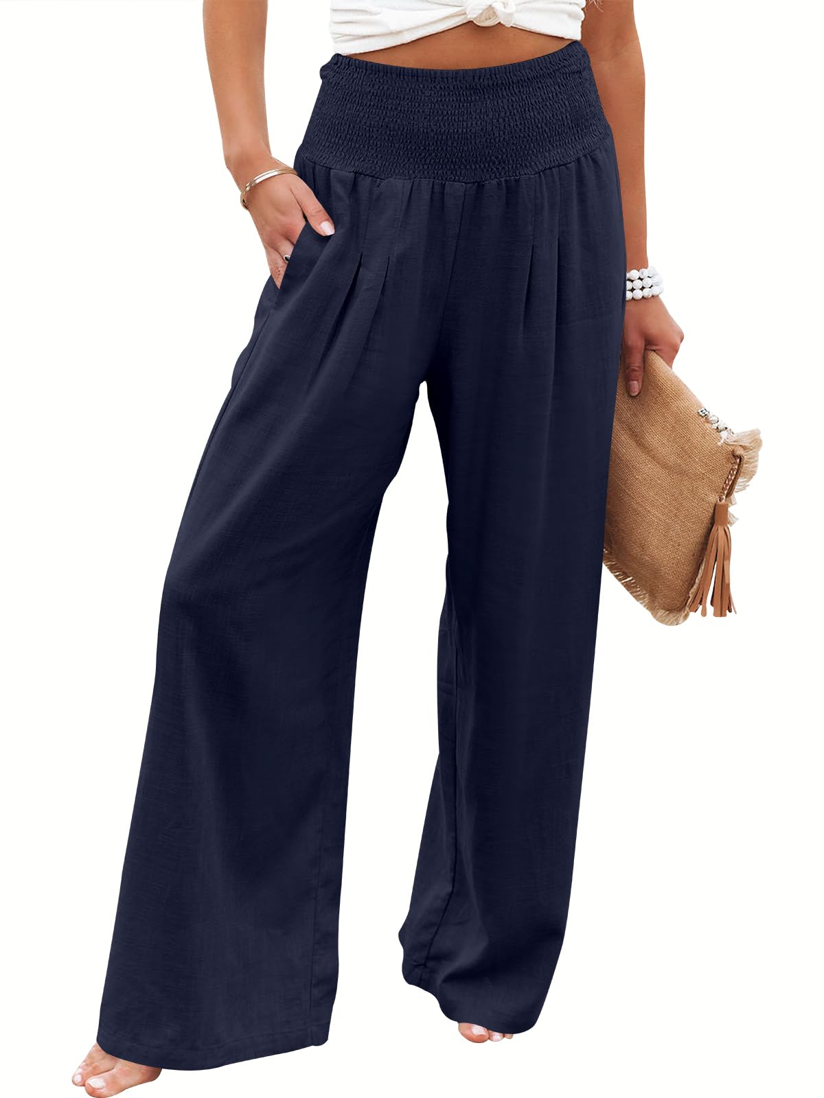 ANRABESS Women Linen Palazzo Pants Summer Boho Wide Leg High Waist Casual Lounge Pant 2025 Beach Travel Vacation Outfits