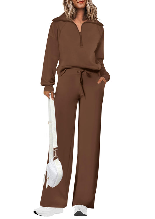 PRETTYGARDEN Women's 2 Piece Outfits Casual Lapel Half Zip Sweatshirts And Wide Leg Pants Tracksuit Sets