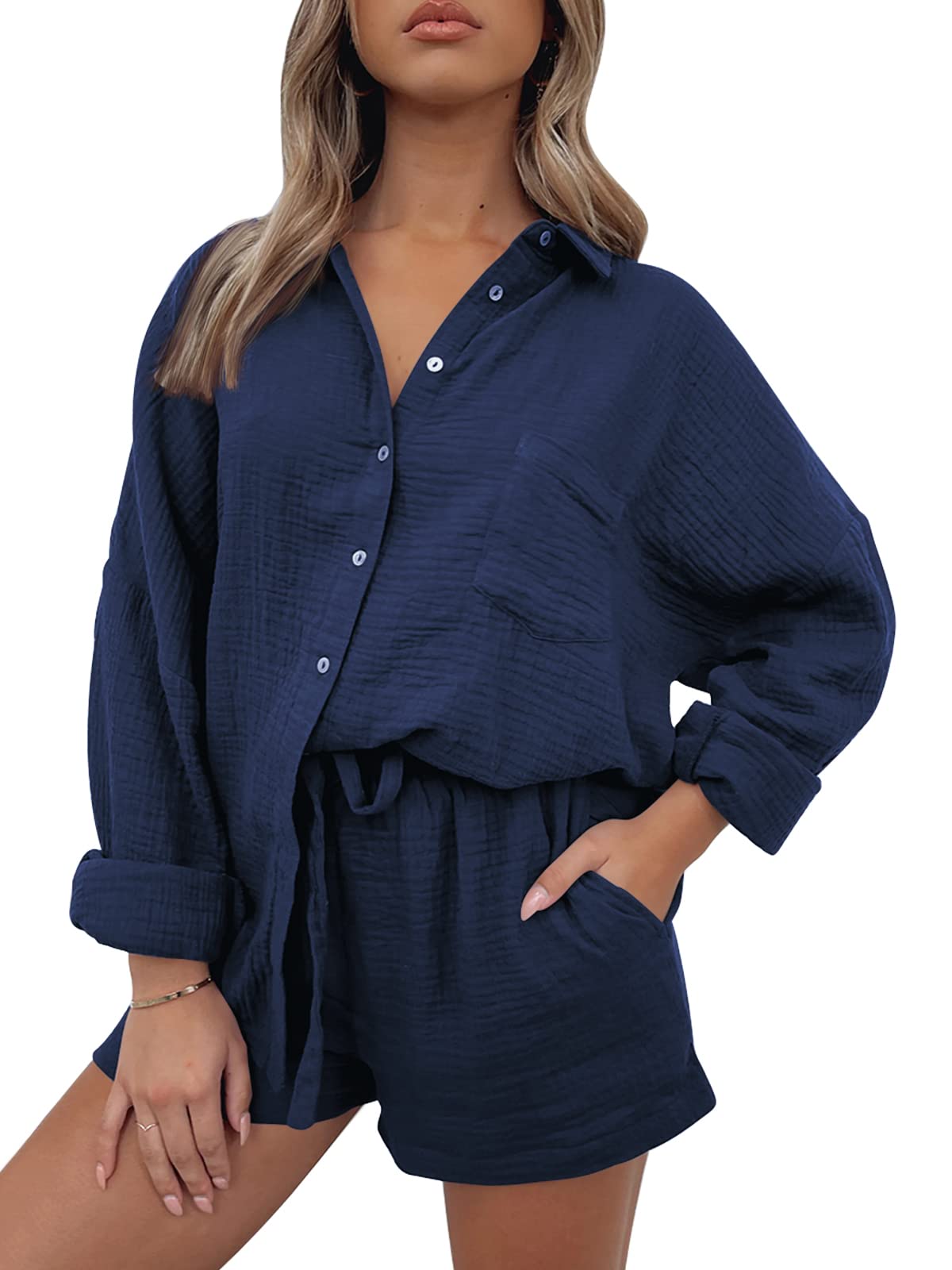 AUTOMET 2 Piece Sets For Women Lounge Wear Matching Two Piece Pajama Fashion Oversized Shirts And Shorts Spring Outfit 2025