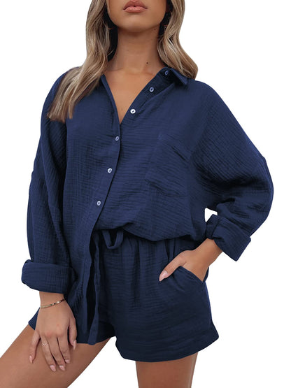 AUTOMET 2 Piece Sets For Women Lounge Wear Matching Two Piece Pajama Fashion Oversized Shirts And Shorts Spring Outfit 2025
