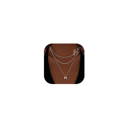 Layered Gold Necklaces for Women,Stackable Dainty 14K Gold Silver Plated Trendy Circle Paperclip Chain Pendant Choker Necklace,Simpl Diamond Cross Bow Jewelry Set Gifts for Women