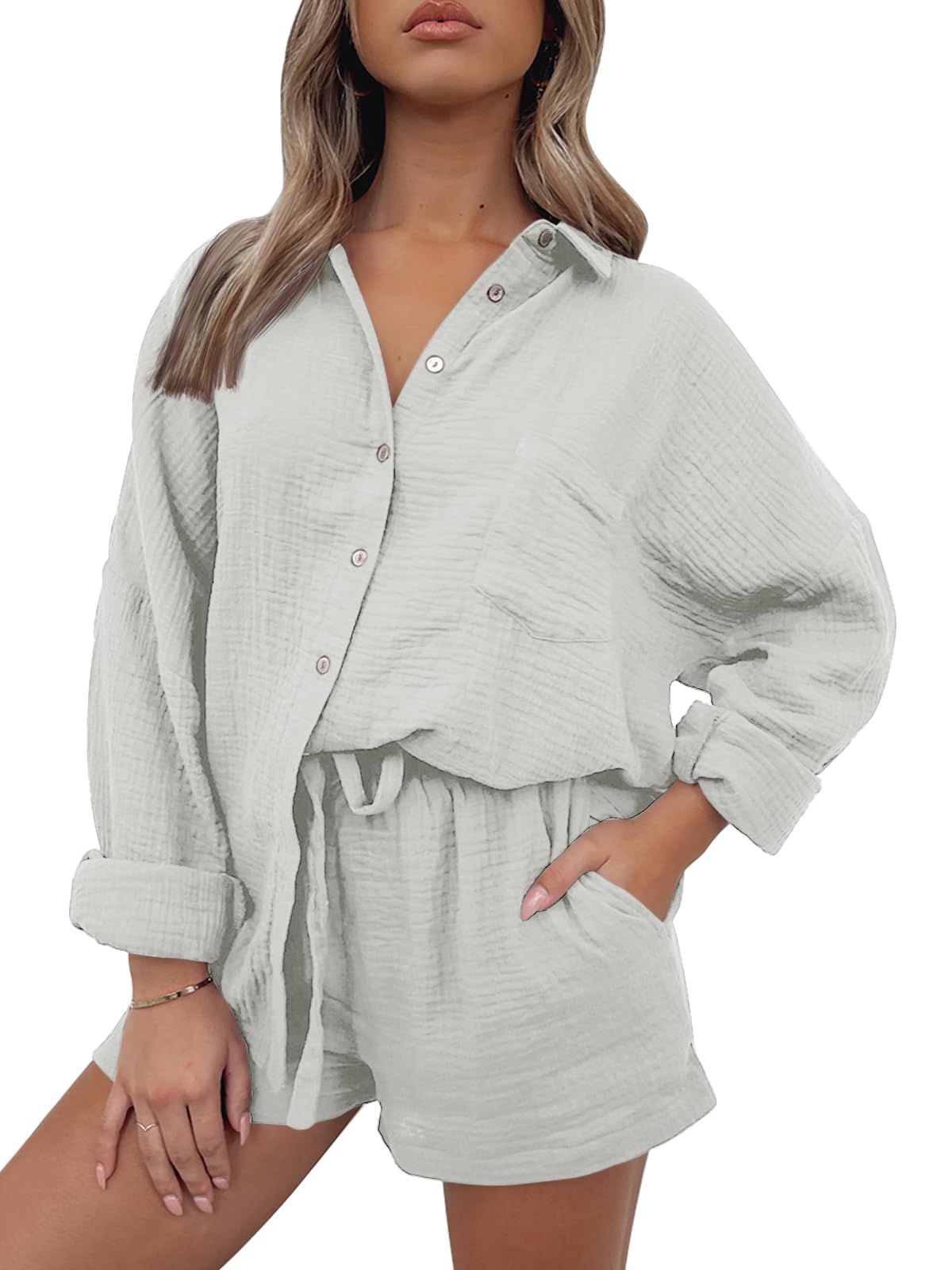 AUTOMET 2 Piece Sets For Women Lounge Wear Matching Two Piece Pajama Fashion Oversized Shirts And Shorts Spring Outfit 2025