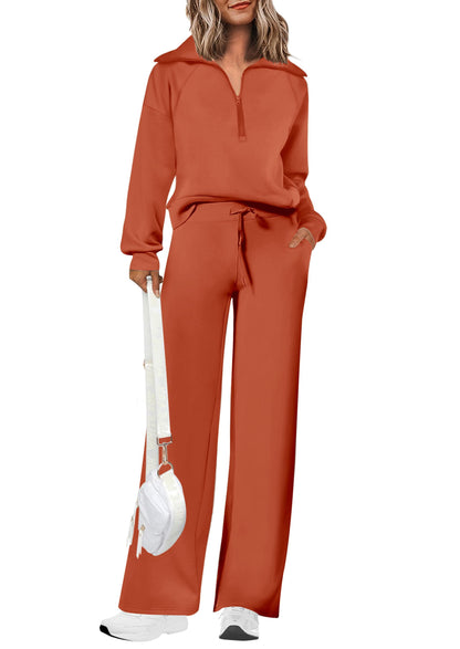PRETTYGARDEN Women's 2 Piece Outfits Casual Lapel Half Zip Sweatshirts And Wide Leg Pants Tracksuit Sets