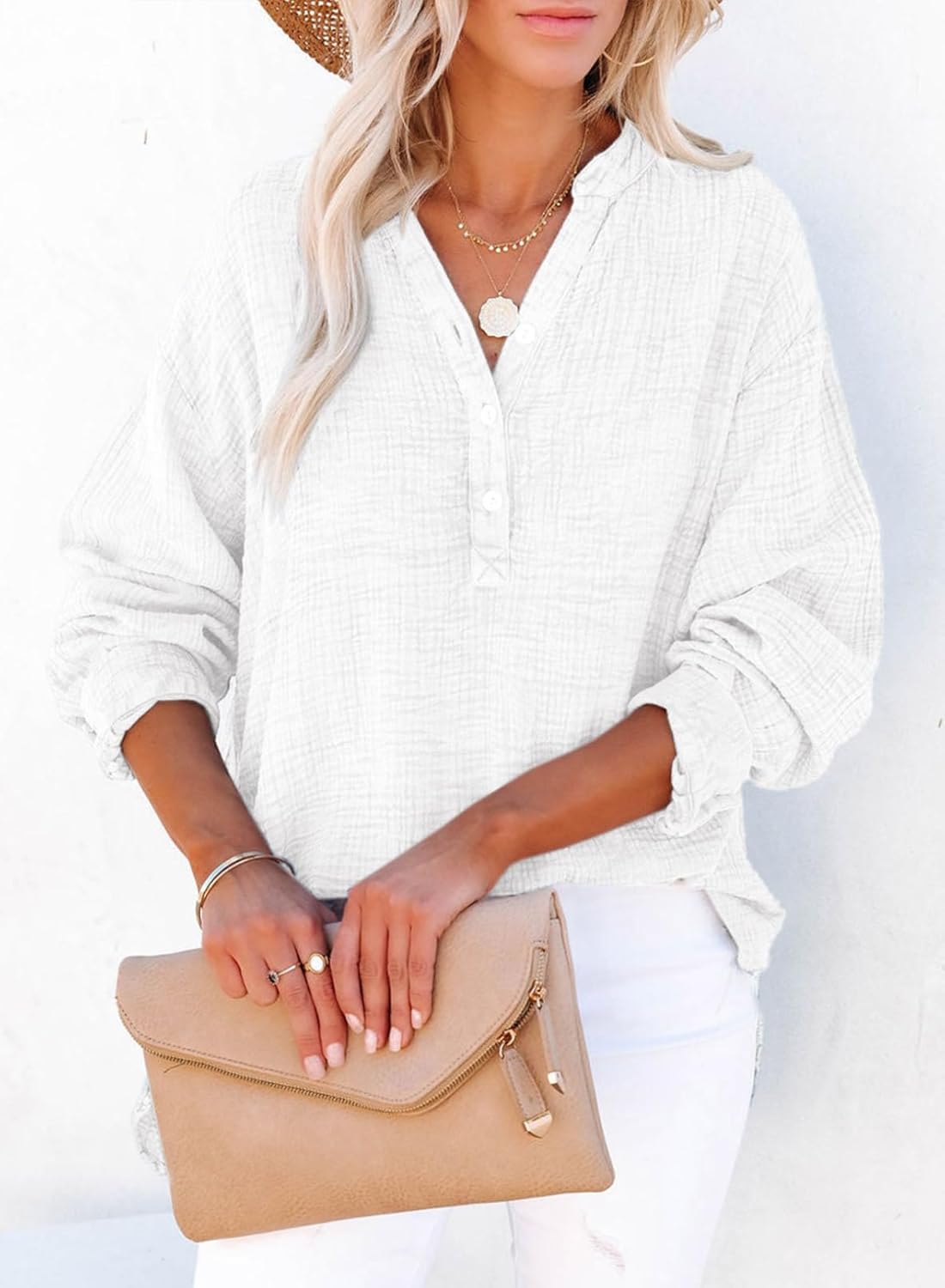 Dokotoo Womens Casual Button V Neck Long Sleeve Shirts Oversized Solid Blouses Tops