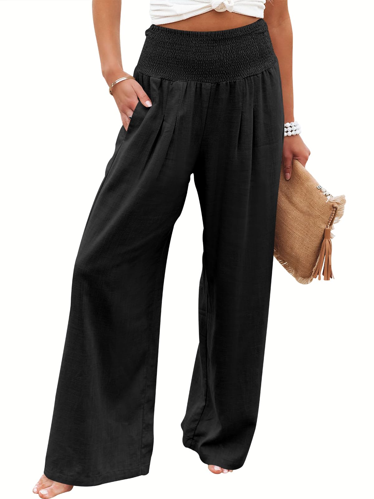 ANRABESS Women Linen Palazzo Pants Summer Boho Wide Leg High Waist Casual Lounge Pant 2025 Beach Travel Vacation Outfits