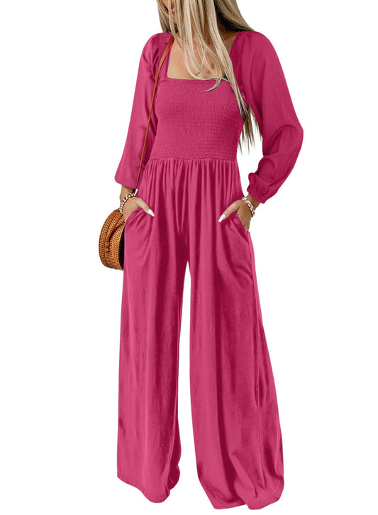 Dokotoo Women's Casual Loose Overalls Jumpsuits One Piece Long Sleeve Wide Leg Long Pant Rompers With Pockets
