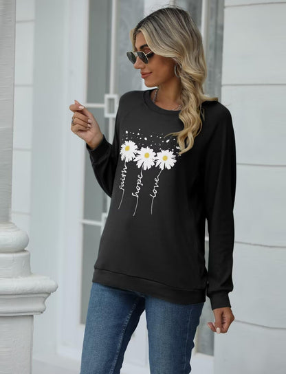 EADINVE Women Crewneck Daisy Print Long Sleeve Sweatshirts Faith-Hope-Love Graphic Tops Casual Loose Fit Pullover Shirts