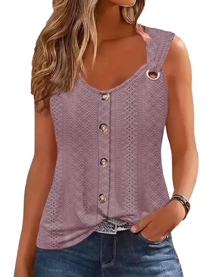 ETCYY Summer Tank Tops for Women 2025 Loose Fit Spring Outfits Lace Striped Tee Button Down Sleeveless T Shirts