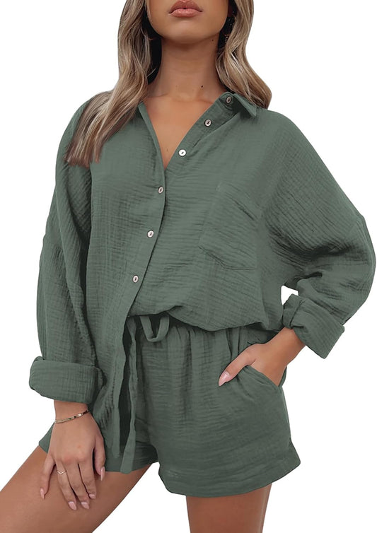 AUTOMET 2 Piece Sets For Women Lounge Wear Matching Two Piece Pajama Fashion Oversized Shirts And Shorts Spring Outfit 2025