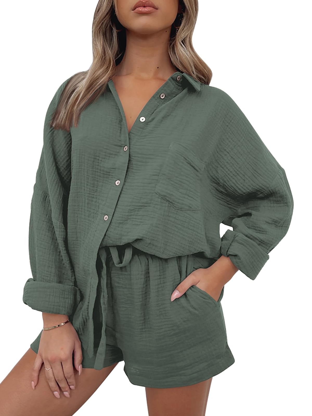 AUTOMET 2 Piece Sets For Women Lounge Wear Matching Two Piece Pajama Fashion Oversized Shirts And Shorts Spring Outfit 2025