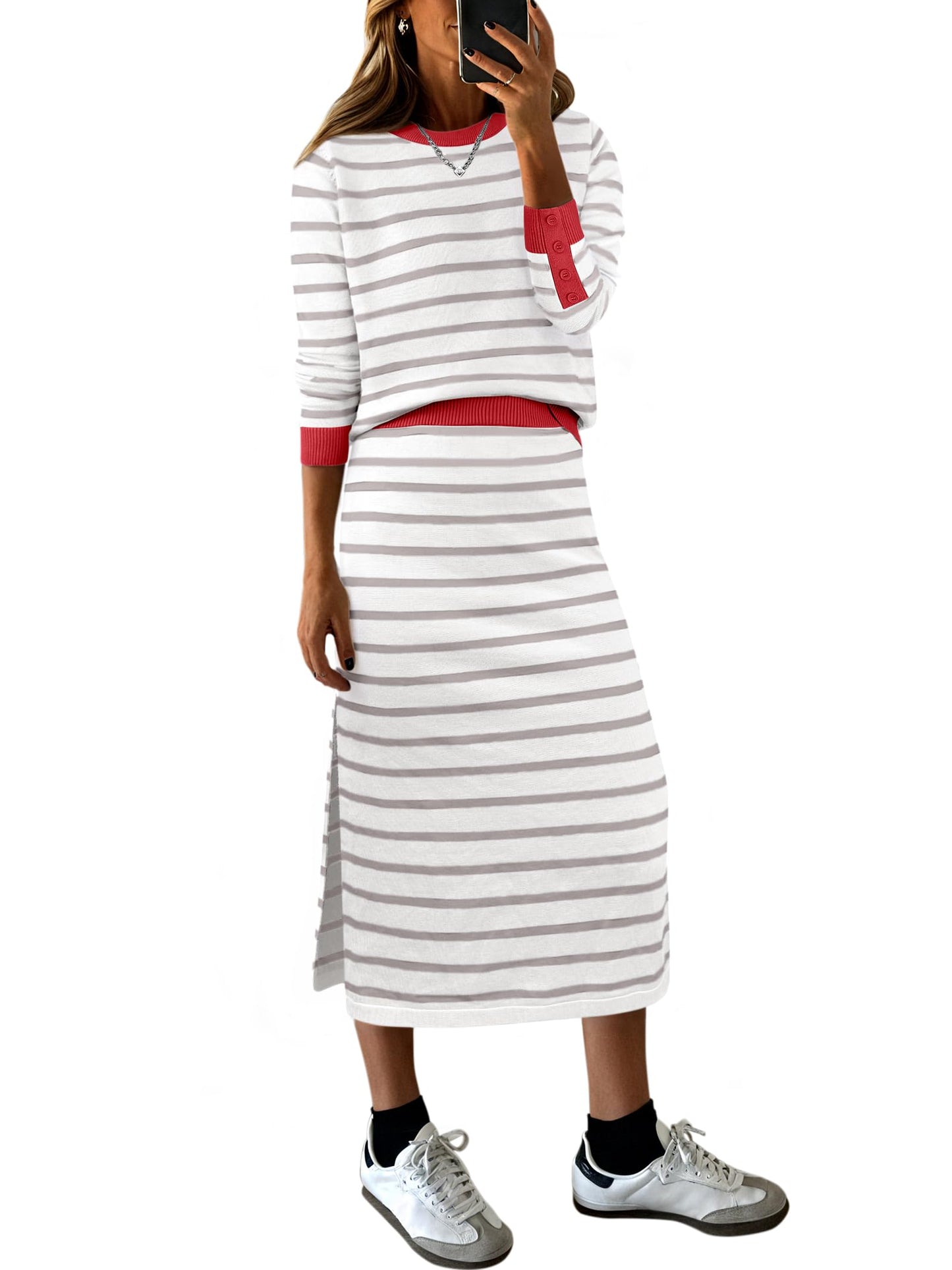 ANRABESS 2 Piece Skirts Sets For Women Fall Fashion 2025 Striped Sweater Midi Dress Knit Lounge Travel Outfits Winter Clothes