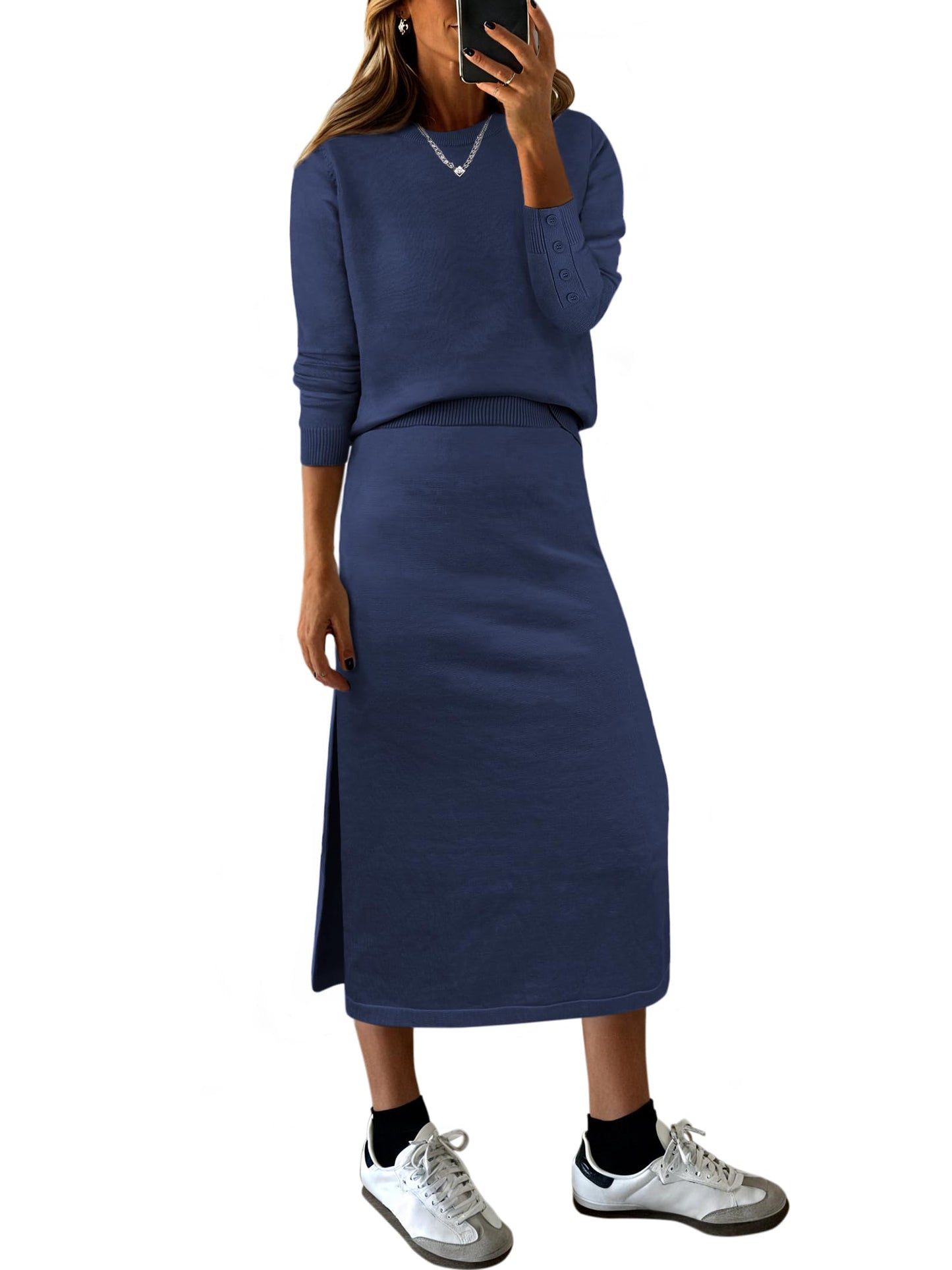 ANRABESS 2 Piece Skirts Sets For Women Fall Fashion 2025 Striped Sweater Midi Dress Knit Lounge Travel Outfits Winter Clothes