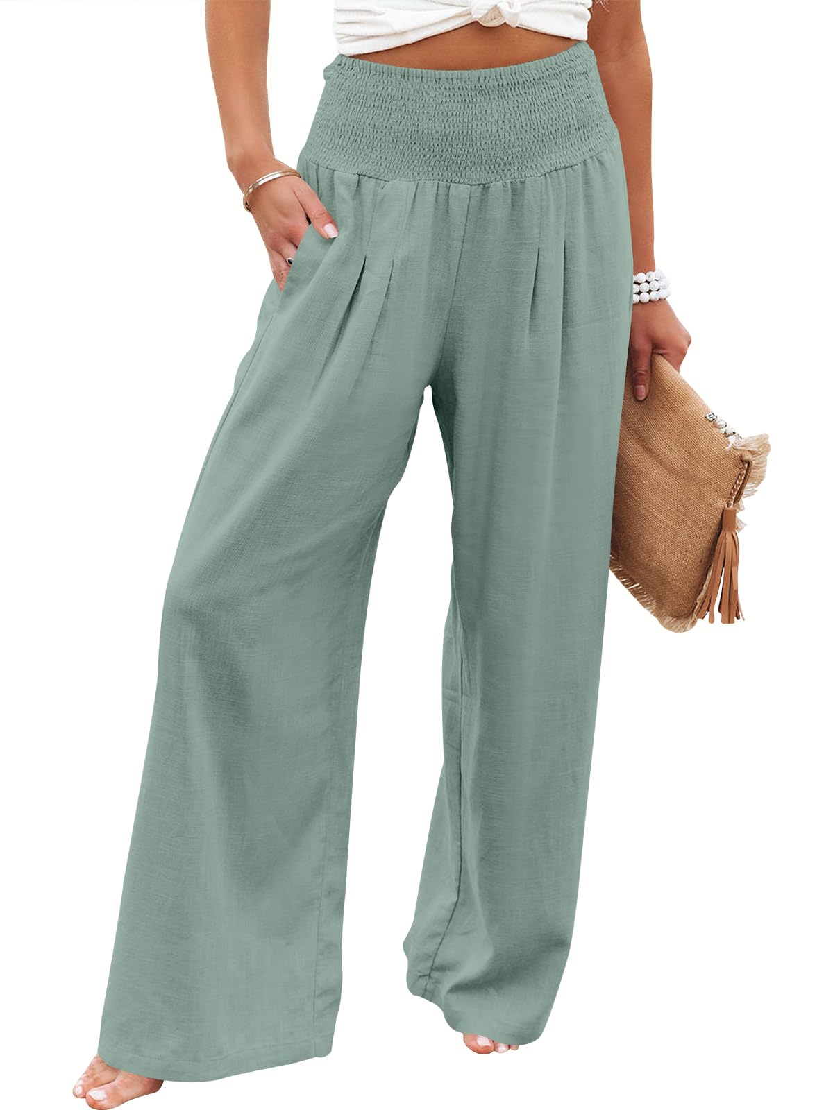 ANRABESS Women Linen Palazzo Pants Summer Boho Wide Leg High Waist Casual Lounge Pant 2025 Beach Travel Vacation Outfits
