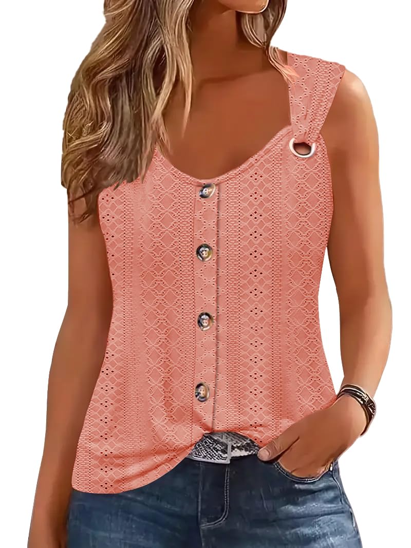 ETCYY Summer Tank Tops for Women 2025 Loose Fit Spring Outfits Lace Striped Tee Button Down Sleeveless T Shirts