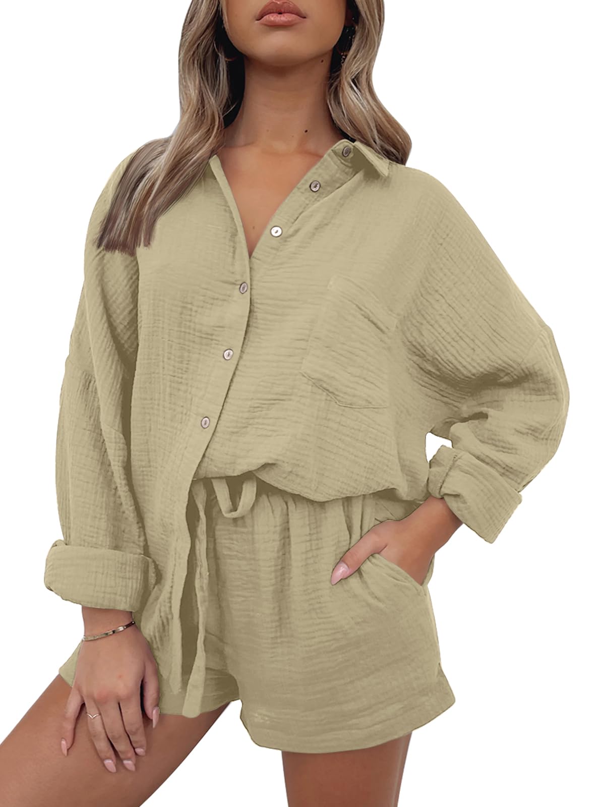 AUTOMET 2 Piece Sets For Women Lounge Wear Matching Two Piece Pajama Fashion Oversized Shirts And Shorts Spring Outfit 2025