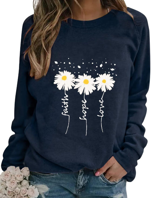 EADINVE Women Crewneck Daisy Print Long Sleeve Sweatshirts Faith-Hope-Love Graphic Tops Casual Loose Fit Pullover Shirts