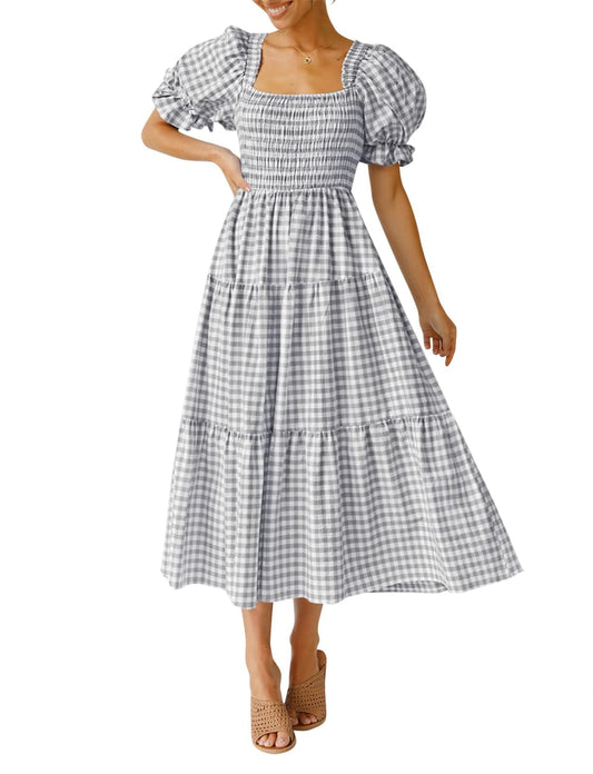ZESICA Women's 2025 Bohemian Summer Plaid Square Neck Puff Sleeve Ruffle Flowy Beach Midi Dress