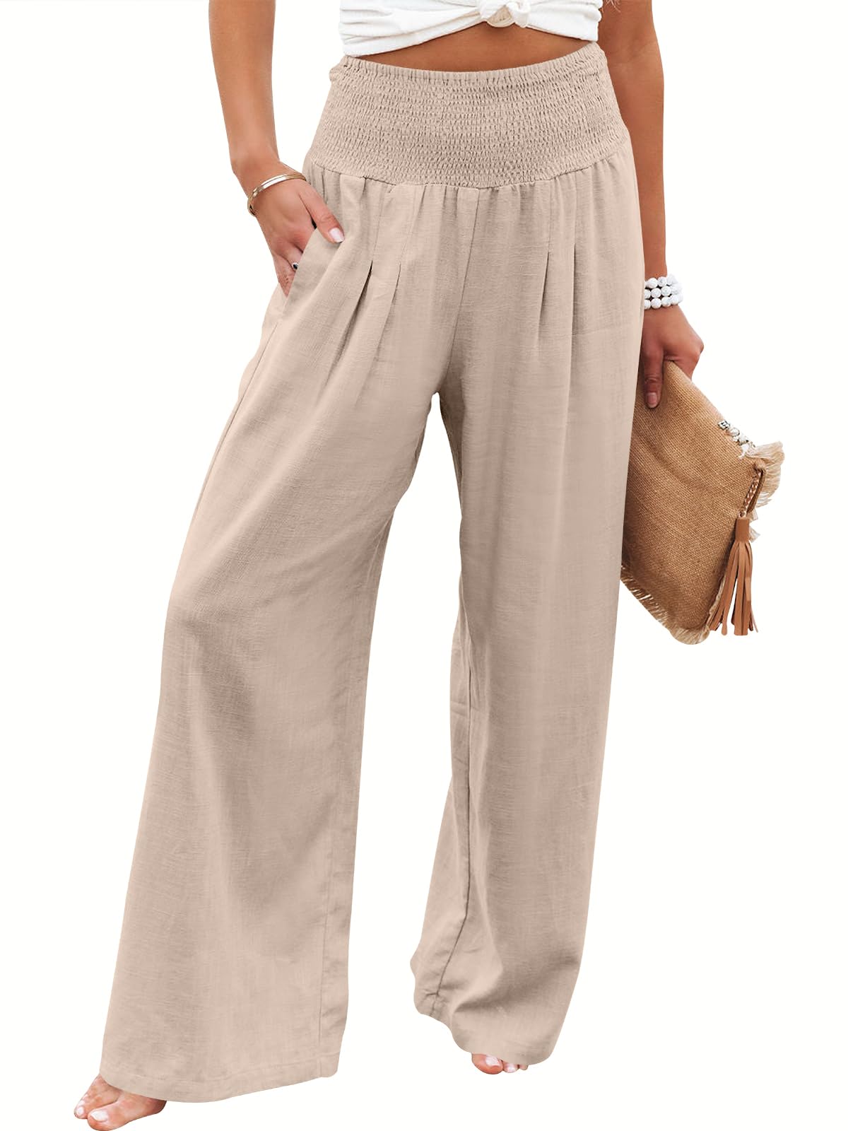ANRABESS Women Linen Palazzo Pants Summer Boho Wide Leg High Waist Casual Lounge Pant 2025 Beach Travel Vacation Outfits