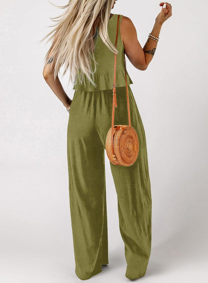 Dokotoo Pants Sets Women 2 Piece Outfits Sleeveless Round Neck Tank Tops Matching Sets for Women Elastic Waist Wide Leg